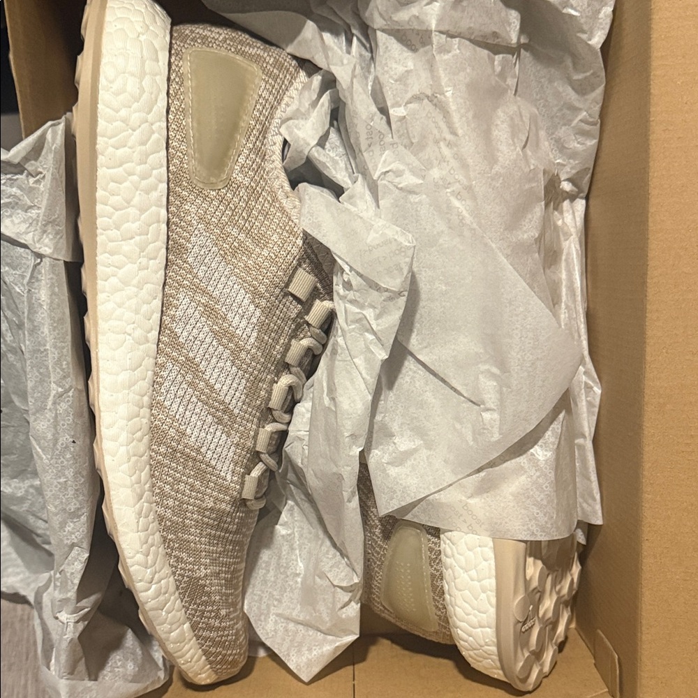 adidas Men's Athletic Shoes Beige and White Knit Runners